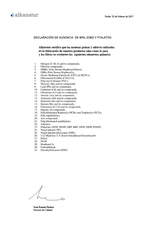 Alkanatur Declaración de ausencia de BPA, ESBO y Ftalatos