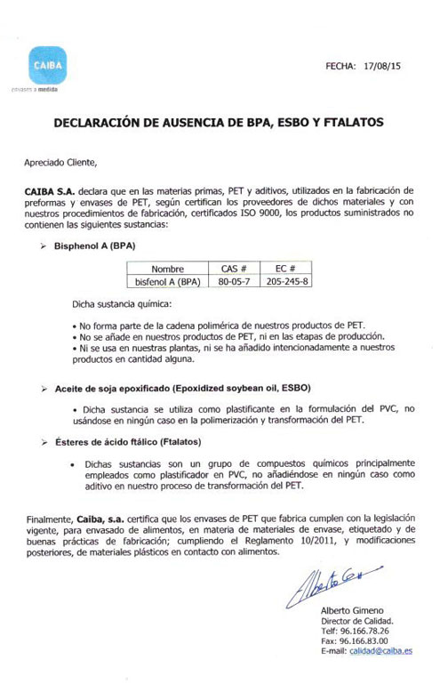 Certificado botella libre de BPA.  Declaración de ausencia de BPA, ESBO y Ftalatos